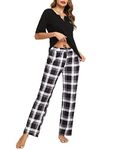 Bresdk Women Pyjama Set Cotton Checked Short Sleeve Loungewear 2 Pieces V-Neck Top & Bottom Sleepwear Soft Nightwear with Pockets Ladies Pjs Set Black M