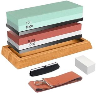 Knife Sharpening Stone Kit, Professional Whetstone Grit 400/1000 3000/8000 Knife Sharpener Stone with Non-Slip Bamboo Base, Flattening Stone, Angle Guide, Leather Strop and 2 Non-Slip Silicone Bases