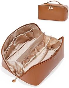 EACHY Travel Makeup Bag for Women, PU Leather Cosmetic Bag, Brown, Large