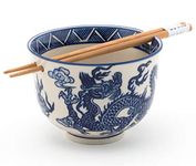 Happy Sales HSRB-DRGBLU, Ramen Udon Noodle Soup Cereal Bowl w/Chopsticks, Royal Blue Dragon Design