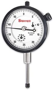 Starrett 25 Series Dial Indicator with Jewel Bearings and Lug-On-Center Back - White Face, 0-1.000" Range, 00-50 Continuous Dial, .0005" Graduations - 25-631J