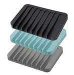 3Pack Silicone Soap Dish Tray Saver Holder Drainer Shower Waterfall for Bathroom and Kitchen, Keep Bars Dry Easy Cleaning(Black,Grey,Blue)