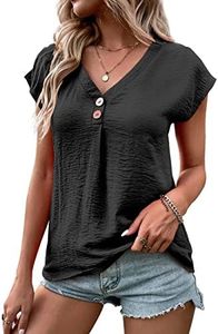 KONFEN Blusas Mujer Mangas Cortas, Cuello en V Camisas Túnico Botón Tops Verano, Camisetas Mujer Casual Elegante Suelta Shirts Liso, Negro L