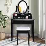 Giantex Vanity Set with Oval Mirror and Cushioned Stool, Makeup Dressing Table with 3 Drawers, Modern Bathroom Bedroom Makeup Organizer Vanity Table for Women Girls Gifts, Black