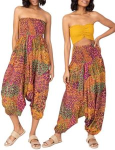 likemary Harem Pants Women - Boho Pants Pull Up into Jumpsuit with Pockets - 2-in-1 Hippie Pants and Romper Jumper Outfit - Genie Pants Peacock Print Fuchsia Pink Plus Size