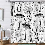 Boho Mushroom Shower Curtain Black White Abstract Vintage Fantasy Star Celestial Bathroom Decor Magic Fungus Hippie Funny Cute Nature Plant Shower Curtains Waterproof Fabric with Hooks, 72''x72''