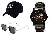 SELLORIA Black Analogue Stainless Steel Watch with Black & Sunglass basboll Cap Black