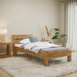 skølm Floki Massivholzbett 90x200 cm aus Eiche - hochwertiges Bettgestell - Bettrahmen mit Bettkopf - Holzbett in Natur geölt - Einzelbett Schlafzimmer - Futonbett