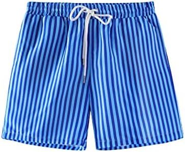 WDIRARA Men's Drawstring Waist Swim Trunks Striped Print Pocket Shorts Blue Stripe S