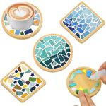 UXORSN 4 Sets DIY Mosaic Tiles for Crafts Stained Beads Mixed Shapes Mosaic Glass Pieces with Bamboo Coaster Irregular Mosaic Kit for Adults Handmade Art Projects Home Decoration Gifts