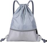 Wavefind Drawstring Backpack Sports String Bag Waterproof Zip Pocket Gym Portable Storage Volleyball Basketball Men Women Travel Gift Swim Grey