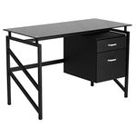 Flash Furniture Glass Desk with 2 Drawer Pedestal, Black