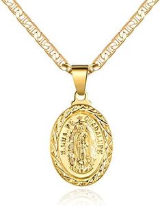 Barzel 18K Gold Plated Flat Mariner/Marina Chain Necklace With Virgin Mary Guadalupe Charm Pendant 3MM (18)