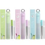 Bryzaxu Reusable Straws 3 Pack Metal Straws Reusable Portable Collapsible Stainless Steel Drinking Straws Travel Straw with Case, Cleaning Brushes, Silicone Tips, Keychain (Green-Blue-Purple)