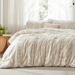 Bedsure Queen Size Comforter Set Beige, Boho Tufted Bedding Comforter Set, Farmhouse Jacquard Cable Knit Pattern Bed Set, 3 Pieces, 1 Shabby Chic Fluffy Comforter & 2 Pillow Shams