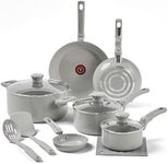 T-fal Refresh Ceramic Ceramic Non Stick Cookware Set 12 Piece, Oven Broiler Safe 350F, Cookware, Kitchen Cooking Set w/Fry Pans, Saucepans & Kitchen Utensils, Pots and Pans Set Nonstick, Moon Gray