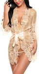 Avidlove Sexy Lingerie for Women Lace Kimono Robe Mesh Chemise Swimsuit Cover Up Apricot