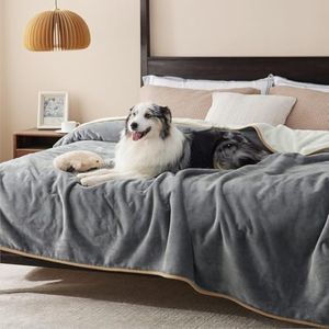 TARODEA Waterproof Blanket for Bed - Sherpa Fleece Waterproof Dog Blankets for Large Dogs, Pet Blankets for Bed/Couch/Dog Crate, Soft Plush Reversible Furniture Protector(Grey, Super King (218x275cm))