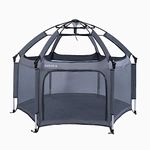 Baby Playpen, CutieClub Portable Playard Playpen with Safety Mattress for Infants and Babies, Best 6-Panel Kids Playpen with Anti UV Canopy for Indoor and Outdoor (Grey)