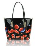 Eye-Cathing Glossy Patent Vegan Leather Floral & Butterly Print Large Tote Hobo Handbag Shopper Shoulder Bag For Women (Black)