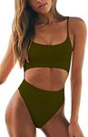 Meyeeka Womens Scoop Neck Cut Out Front Lace Up Back High Cut Monokini One Piece Swimsuit, Army Green, Small