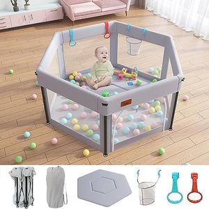 EAQ Baby Playpen, Large Baby Playard,Indoor & Outdoor Kids Activity Center with Anti-Slip Base, Sturdy Safety Play Yard with Super Soft Breathable Mesh, Kid's Fence for Infants Toddlers (Grey-Hexagon, 49''*49'')