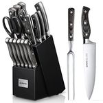 D.Perlla Knife Set, 16PCS Stainless Steel Kitchen Knives Set with Wooden Block, Cooking Set of Knives with Wood Handle, Chef, Santoku, Bread, Utility, Paring & Carving Fork Knife, Black