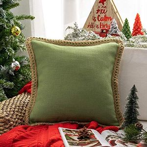 Phantoscope Farmhouse Solid Throw Decorative Pillow Cover Burlap Linen Pillow Cover Trimmed Tailored Edges Outdoor Pillow Green 18 x 18 inches, 45 x 45 cm