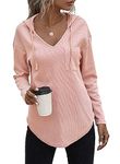 RIROW Womens Hoodies Pullover Long Sleeve Waffle Tops for Women V Neck Sweatshirt Pocket Light Pink 2X