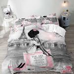 LUVIVIHOME 3PCS Fashion Black Girls Bedding, Duvet Cover Queen, Black and White Pink Eiffel Tower African American Black Girl Magic Comforter Quilt Cover, Inspirational Gifts for Women, 2 Pillow Cases