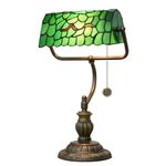 Blivuself Tiffany Style Green Bankers Desk Lamp Stained Glass Lamps Tree Leaf Vintage Bedroom Bedside Study Pull Chain Reading Desk Light Retro Office Led Adjustable Nightstand Antique Accent Deskla