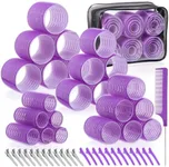 obeoby 4 Sizes Rollers Hair Curlers, 50 Pcs Set Jumbo Hair Rollers 25mm 36mm 48mm 60mm Self Grip Hair Rollers with Clips, Curlers for Long/Short Hair, Purple