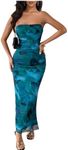 Milumia Women's Printed Strapless Tube Top Long Dress Slit Hem Sleeveless Bodycon Maxi Dresses Blue Medium