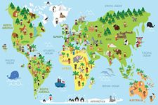 Cartoon World Map Children Animals Monuments Educational Poster 36x24 inch