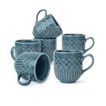 Shay Ceramic Coffee Mug Set, Set of 6, 330ml, Blue Grey Carving | Medium Mug | Glossy Finish | Porcelain Coffee Cup Set | Microwave Safe (Carving Milk Mug, Blue Grey, Set of 6)