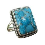 Solid 925 Sterling Silver Rectangle Gemstone Unique Hammered Statement Ring For Women/Girls, Handmade Christmas Gifts Ideas (Blue Copper Turquoise)