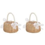 2pcs Rattan Flower Girl Baskets with Pearl Handle and Ribbon, Small Wicker Wedding Flower Girl Baskets Party Candy Gift Storage Basket for Home Garden Decor(ratten)