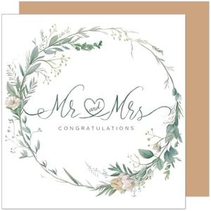 Edition Seidel Carte de vœux de mariage carrée haut de gamme avec enveloppe. Carte de mariage, carte de vœux pour jeunes mariés, couronne de fleurs en eucalyptus (HQ101 SW024)