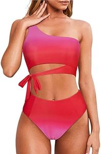 MOOSLOVER Women One Shoulder High Waisted Bikini Tie High Cut Two Piece Swimsuits(M,Pink Gradient)