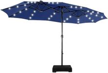 MFSTUDIO 15ft Double Sided Patio Umbrella with Solar Lights, Outdoor Large Rectangular Market Umbrellas with Base Included, Crank Handle and 36 LED Lights for Deck Pool Shade, Haze Blue