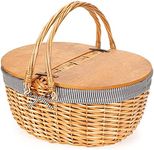 Wicker Picnic Basket with Liner, Wooden Split Lid Picnic Basket, Vintage-Style Picnic Hamper with Folding Woven Handle for Picnic, Camping, Outdoor, Valentine Day, Thanks Giving, Birthday (Grey)