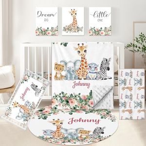KAINSY Custom Baby Crib Bedding Set, 5 Pcs Personalized Name Baby Crib Sets for Kid Toddler, Animal Nursery Bedding Set for Boy Girl, Double Layer Toddler Bedding Set, Customized Gift for Baby Infant