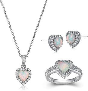 MORGAN & PAIGE .925 Sterling Silver Gemstones and White Sapphire Halo Heart Necklace, Earrings & Ring Set - Birthstone Jewelry Sets for Women, 18in Cable Chain, Size 7 Ring, Ideal Birthday Gift, Metal