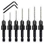 DKIBBITH 7 Pcs M2 Countersink Drill Bit Set, 3in1 Wood Pilot Bits Drilling #4#6#8#10#12 Screws Holes, with Adjustable Depth Stop, Quick Release Hex Shank, 2-Allen Wrench