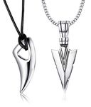 Milacolato 2Pcs Stainless Steel Pendant Necklace for Mens Spearpoint Arrowhead Wolf Teeth Pendant Chain Necklace Set Silver