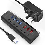 RSHTECH Powered USB Hub 7 Port USB 3 Hub Extension (4 USB 3.0 Data Port + 3 Fast Charging Port) with Individual On/Off Switch and 12V/3A Power Supply (RSH-A37,Black)