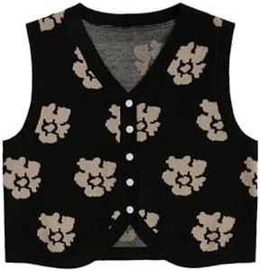 Floerns Women's Argyle V Neck Button Front Cardigan Sleeveless Knit Sweater Vest Black Flower S