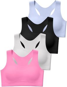 JOCMIC 4 Packs Girls Sports Bra Kids Racerback Training Bras with Sewn in Pads for Tween Rose Red Grey Black Light Purple 12-14 Years