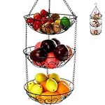 Dicunoy 3 Tier Hanging Fruit Basket, Kitchen Vegetable Produce Storage Basket, Chain Wire Plants Organizer Basket, Rustic Country Style Saving Space with Hooks