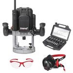 Trend T12 Ultimate Routing Starter Set, T12EK Variable Speed Plunge Router (2300W, 1/2 Inch, 240V), 15-Piece 1/2 Inch Router Cutter Set, Dust Mask & Safety Glasses, T12/START/SET